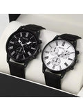 2pcs Fashionable Men's Business Watch Popular Men's Belt Quartz Watch (without Box) Qme black and white
