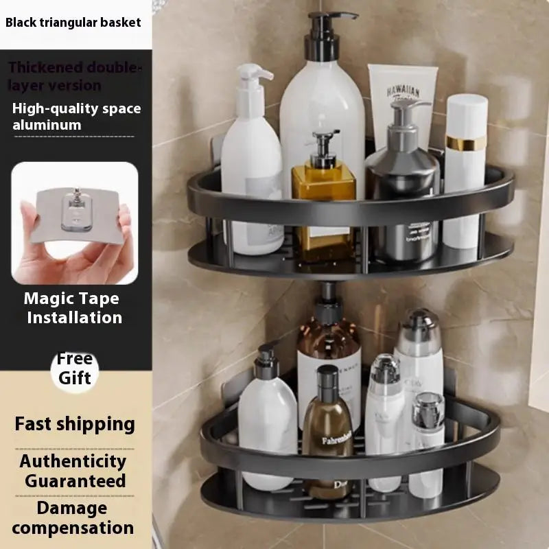 Corner Shelf Wall Soap Holder Bathroom Organizer Rack Punch-free Qme Black B 2pcs Alloy