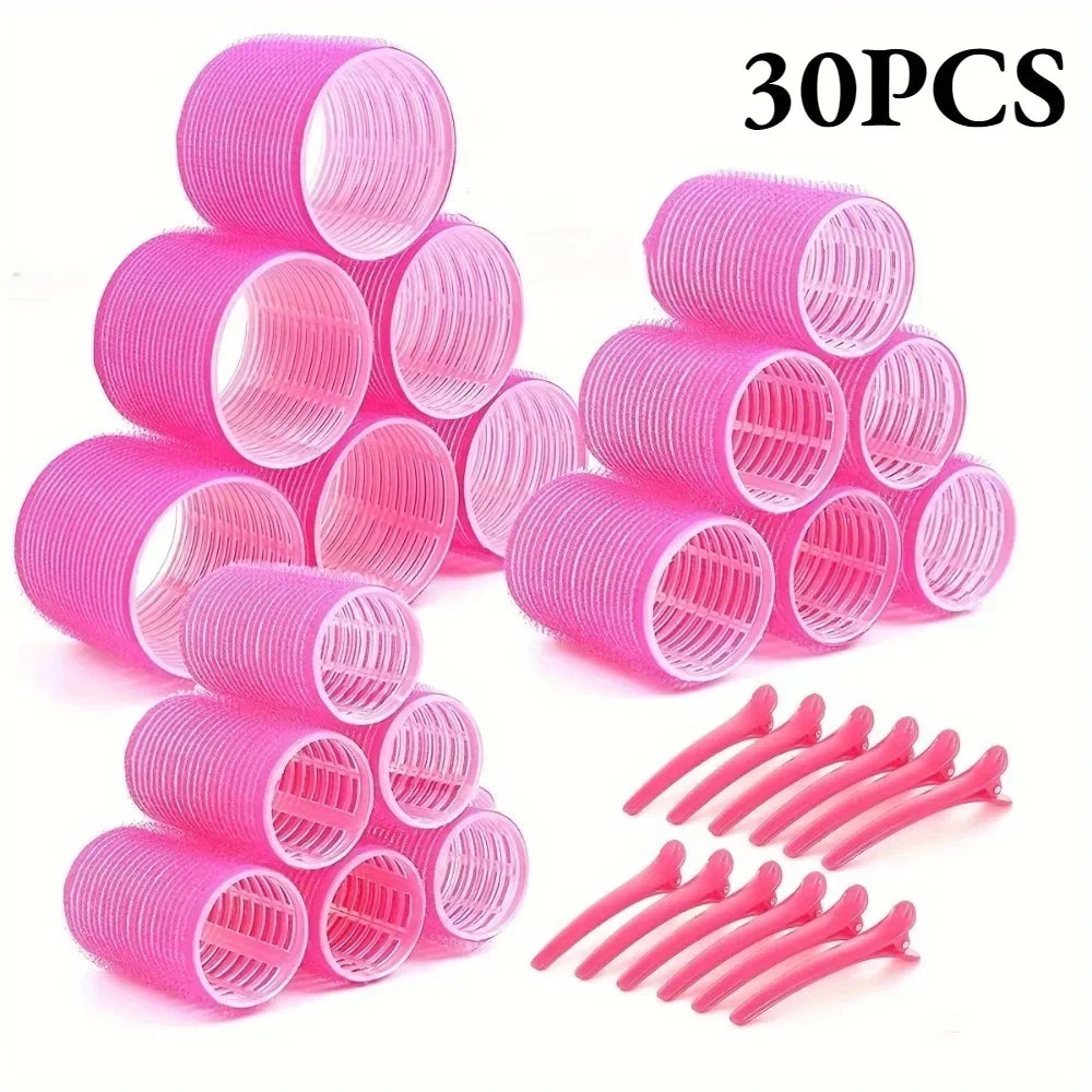 Heatless Hair Styling Self-grip Rollers Clips DIY Easy Use Qme Rose Red-30Pcs