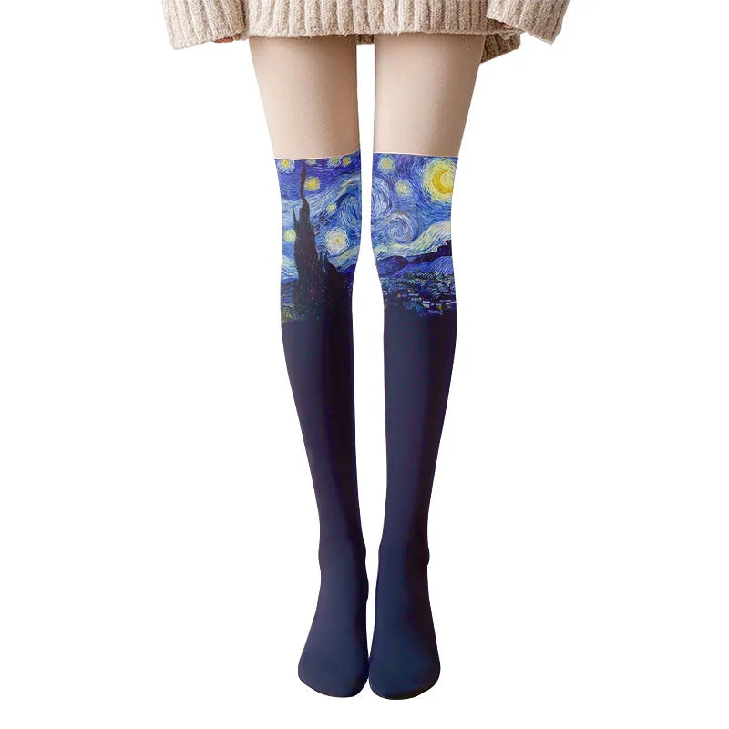 Van Gogh Retro Oil Painting Thigh Stockings Starry Sky Sunflower Qme style1 One Size