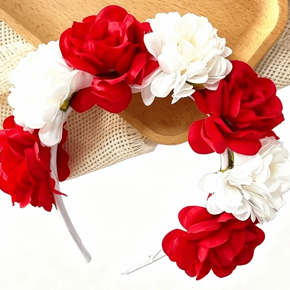 Romantic Floral Headband Wreaths Garland Elegant Artificial Flower Qme Red