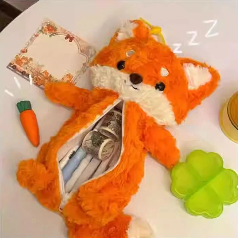 Students Cute Fox Doll Plush Pen Bag Cartoon Animal Pencil Case Large Qme