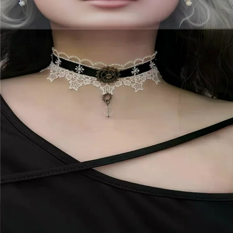 Gothic Punk Steampunk Necklace Christmas Ribbon Lace Choker Collar Necklace Qme