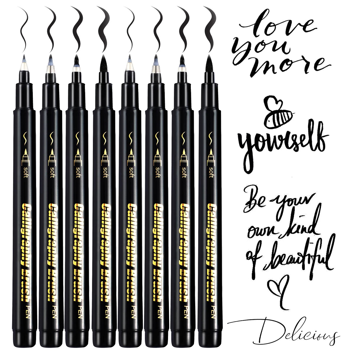4 Pcs Black Hand Lettering Calligraphy Pen Set Drawing Writing Learning Fine Brush Markers Art Supplies Manga Pen Qme