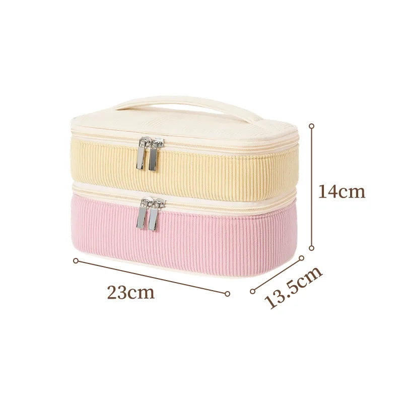 A New double-layer makeup bag, corduroy travel partition makeup brush storage bag, handheld large capacity toiletry bag Qme Milk Apricot Yellow