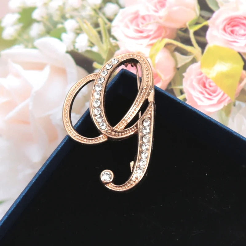 Fashion Women Rhinestone Brooch A-z English Letter Gold Metal Pins Qme G
