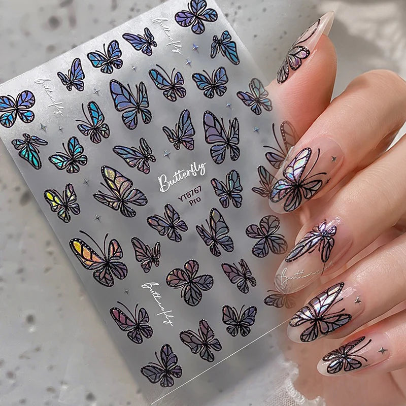3D Embossed Holographic Butterfly Nail Stickers, Iridescent Aurora Self Adhesive Waterproof Decals for Nail Art DIY Manicure Qme
