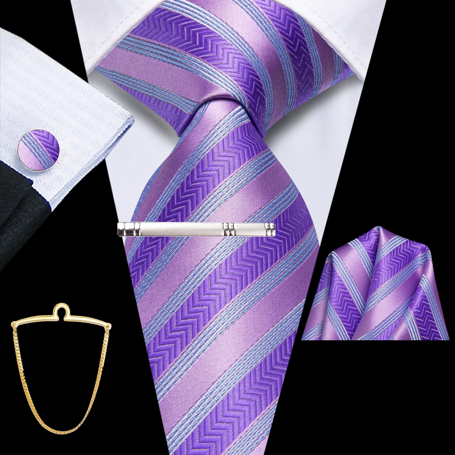 Hi-Tie Men's Smart Business Tie Set 5 Pcs - Striped Tie, Handkerchief, Cufflinks, Lapel Clip, Chain Qme QQ-N-3853