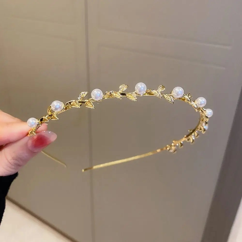 Wedding Bride Headwear Pearl Wash Face Hair Band Leaf Headband Qme Gold