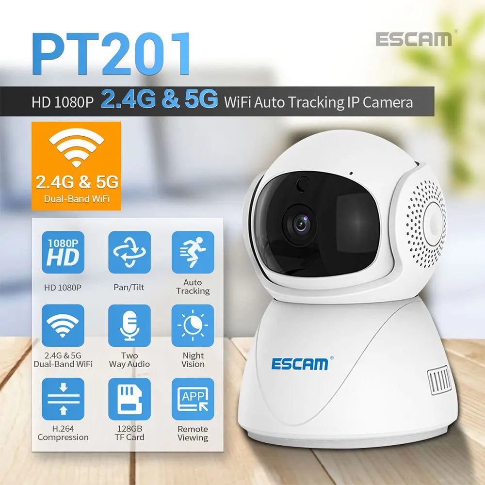 ESCAM PT201 1080P Smart Surveillance Camera Wireless CCTVNetwork 2.4G 5G WiFi IP Camera IR Night Vision Baby Monitor Qme ADD 32G card US Plug