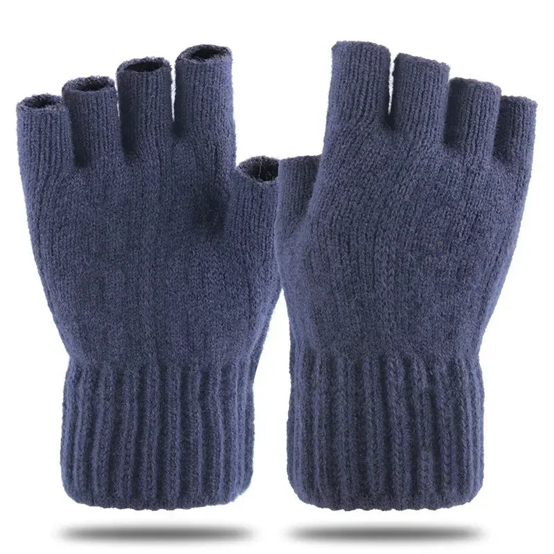 Winter Gloves Men Half Finger Writting Office Cycling Knitted Qme Blue One Size