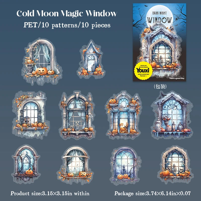 10Sheets/Bag Halloween Horror Window Gothic PET Stickers for Scrapbooking DIY, Collage Journal Decoration, Junk Journal Supplies Qme 6