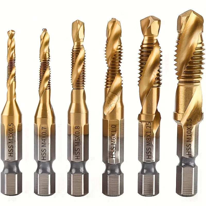 6pcs Titanium Coated HSS Drill Bit Set - Metric Thread M3-M10, Countersink & Screw Tapping Bits for Precision Hole Machining Qme 6pcs Golden