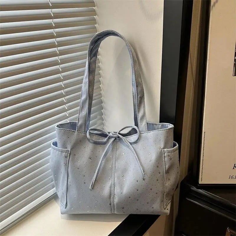 Light Blue Tote Bag With Glitter Star Pattern Bow Decor Multi Pockets For School Shopping Daily Outings Travel Qme A4