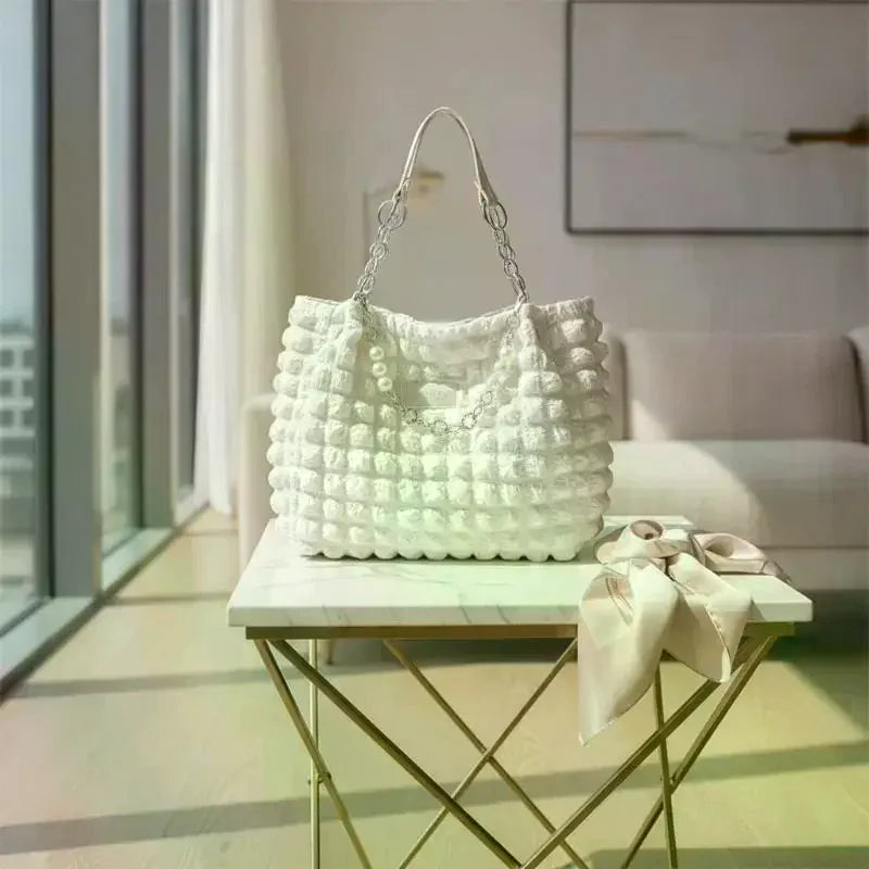 Bubble Textured Tote Bag Pearl Chain Decoration Large Capacity For Shopping Dating Office Commute Qme