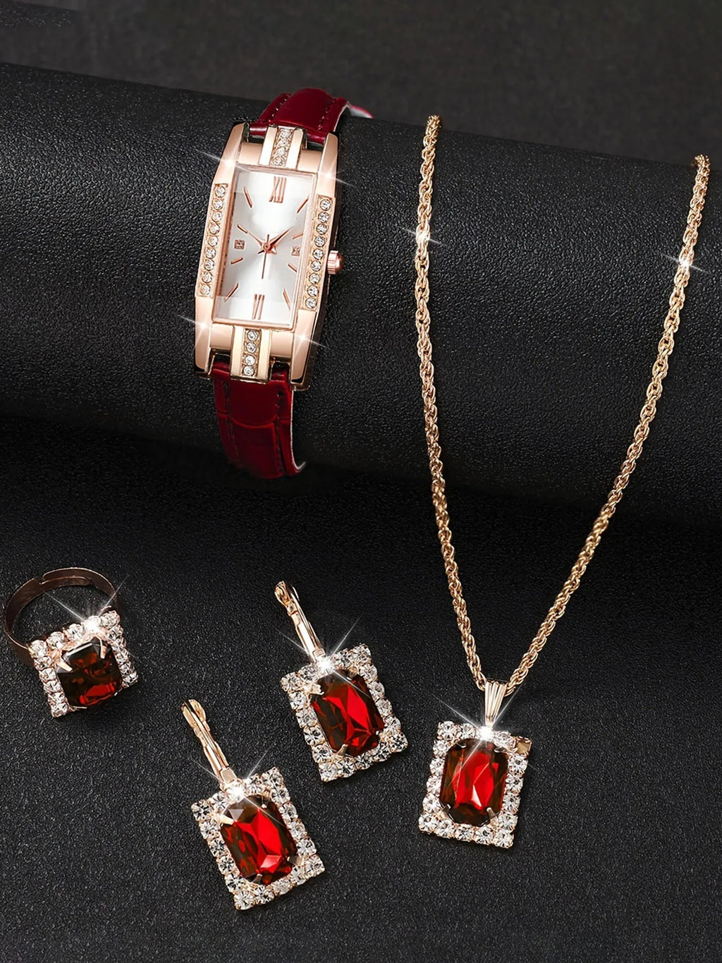 5Pcs/set Red Gold Feast - Ruby and Diamond Jewelry Watch Set Qme