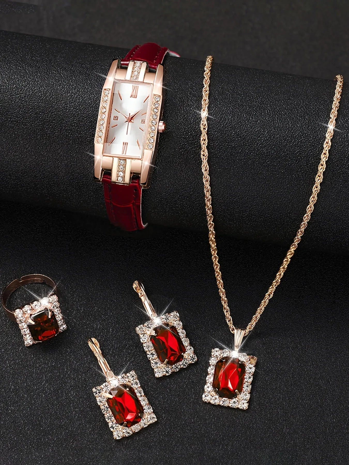5Pcs/set Red Gold Feast - Ruby and Diamond Jewelry Watch Set Qme