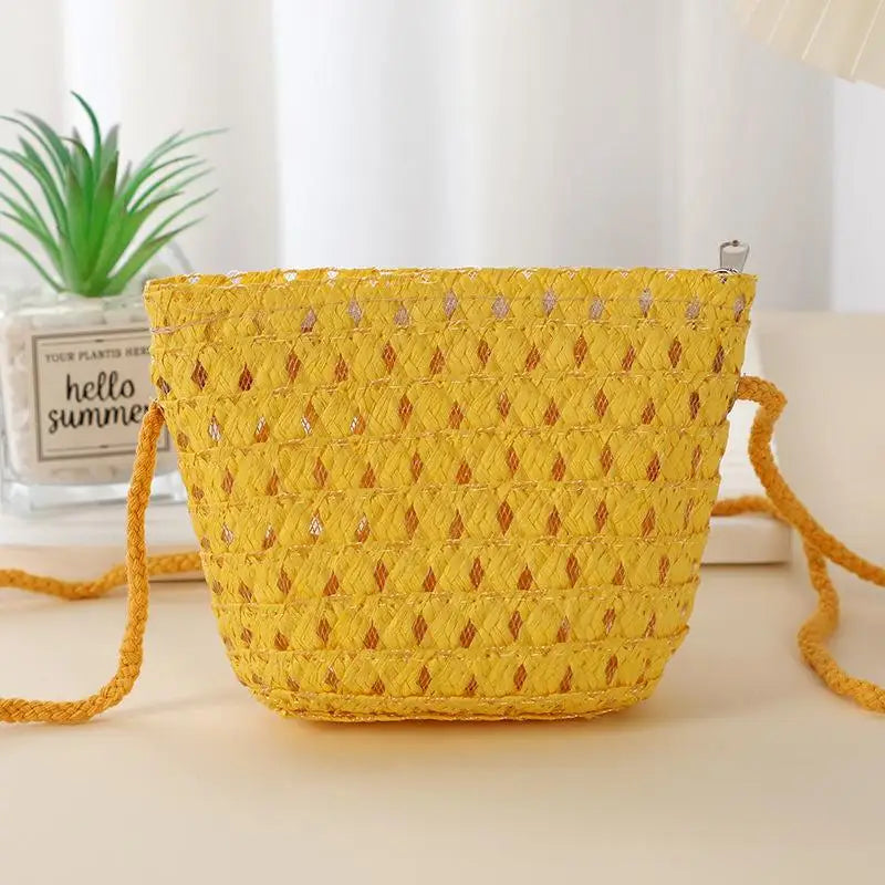 Hollow Handwoven Shoulder Handbag Mini Straw Bag Crossbody Bag Kid Summer Beach Straw Bag Envelope Wallet For Wowen Girls Qme Yellow