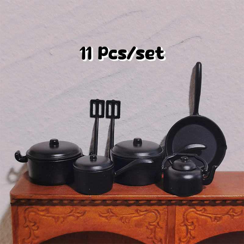 Miniature Dolls House Pot Cookware Kitchen Utensils Decorative Qme Black