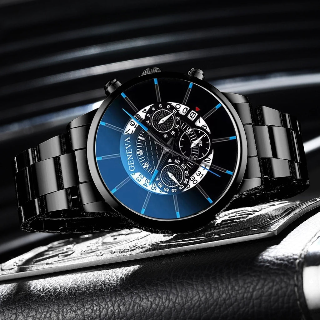 3 Pcs/set Men's Fashion Business Watches Steel Band Male Quartz Watch Casual Necklace Bracelet Wrist Watch Set (Without Box) Qme