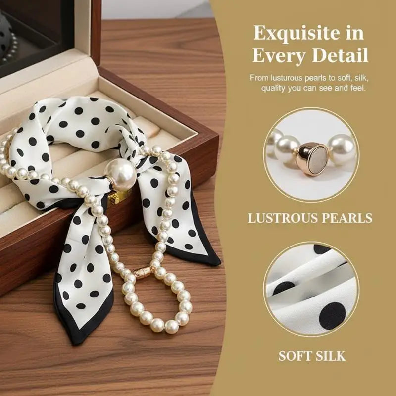 Magnetic Narrow Elegant Satins Neck Scarf Wrap Pearls Chain Necklace Qme