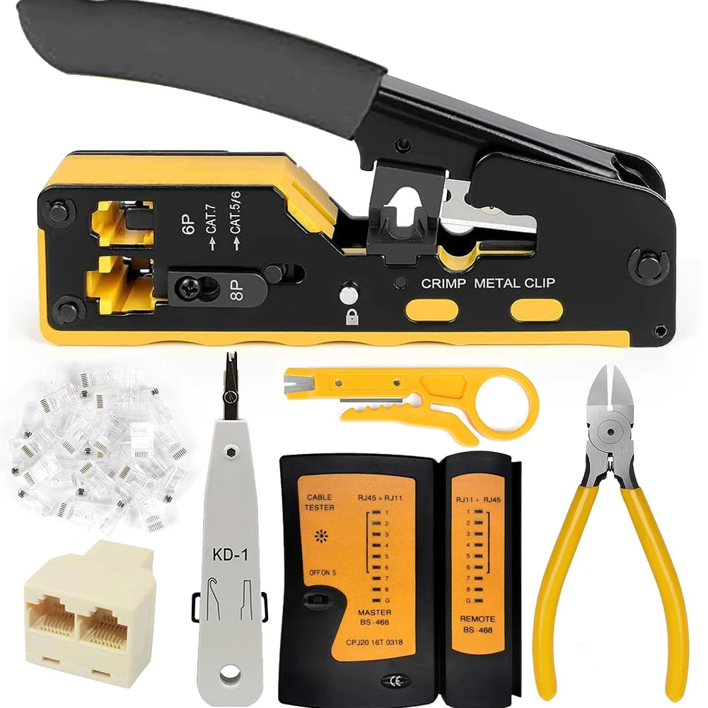 RJ45 Crimp Tool Kit, Network Cat5 Cat6 Cat7 Crimping Tool Repair Kit Includes Cable Tester,KD-1 Wire Cutter Qme Default Title