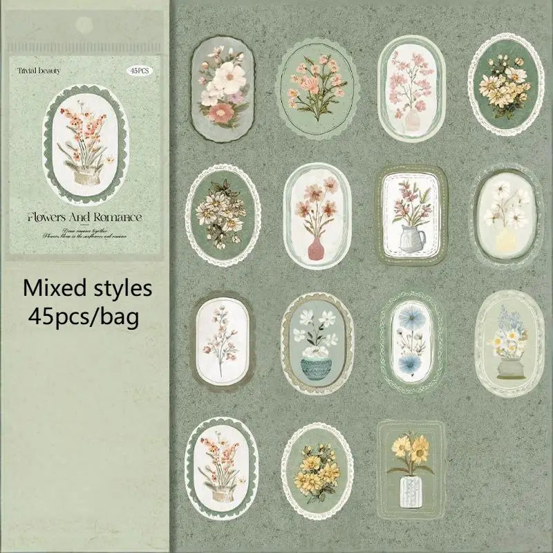 45pcs Serene Florals Sticker Pack - Boxed Flower Theme Collection, DIY Journal Collage Decor Set, Literary Stationery Qme A2
