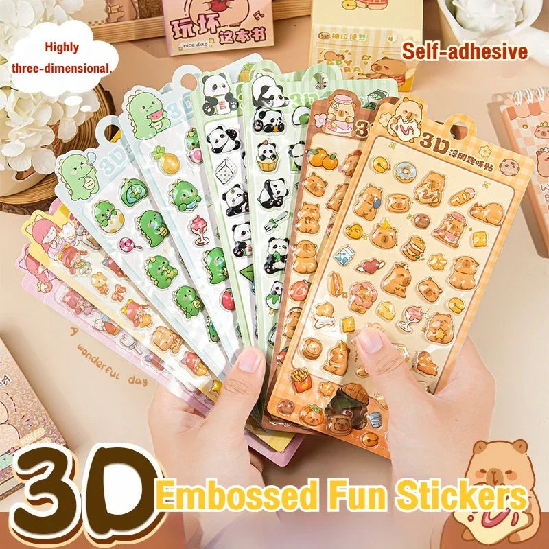 4 Sheets/Bag Capybara Panda Dinosaur CharacterTheme Outline 3D Sticker Set for DIY Scrapbook Phone Case Notebook Decora Craft Qme