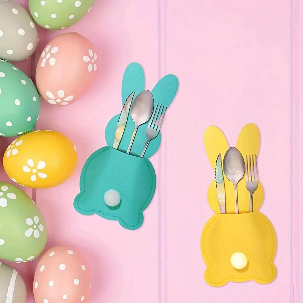4Pcs felt tableware rack bag, creative Easter thickened felt cute rabbit tableware knife and fork storage party table decoration Qme