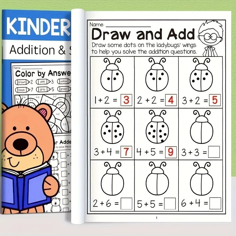 32-Page Interactive Math Learning Workbook with Addition & Subtraction Worksheets, Crossword Puzzles, Colorful Math Activities Qme