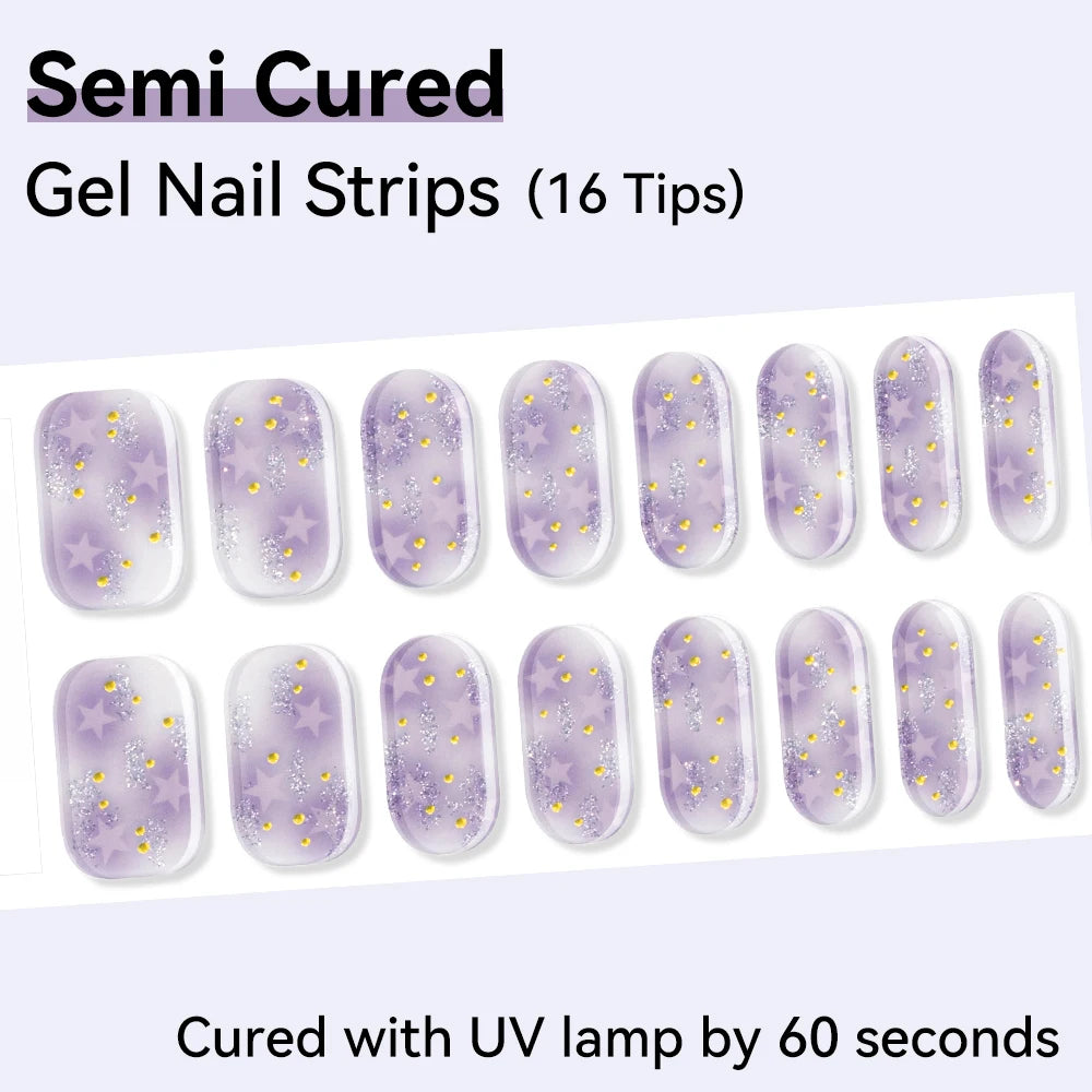 16Tips Semi-cured Gel Nail Sticker Colorful French Glitter UV LED Qme NF240123