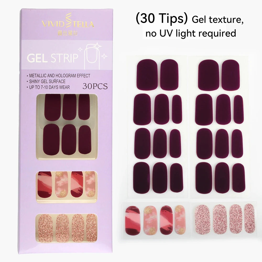 30 34Tips UV-Free Gel Nail Wraps Solid Glitter Stickers No Need UV Qme MK-30Z-DS38003