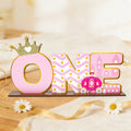 1SET 2D Pink Princess Style "ONE" Letter Wooden Desktop Decoration, Crown Carriage Castle Pattern, Warm Birthday Desktop Gift Qme Default Title