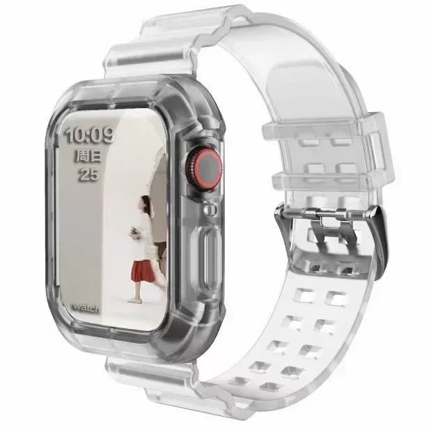 Clear Band + Case for Apple Watch Series 9 8 7 6 SE 5 49mm 45mm 44mm 42mm 41mm Transparent for iwatch 3 38mm 40mm Plastic Strap Qme TRW 38 40 41MM