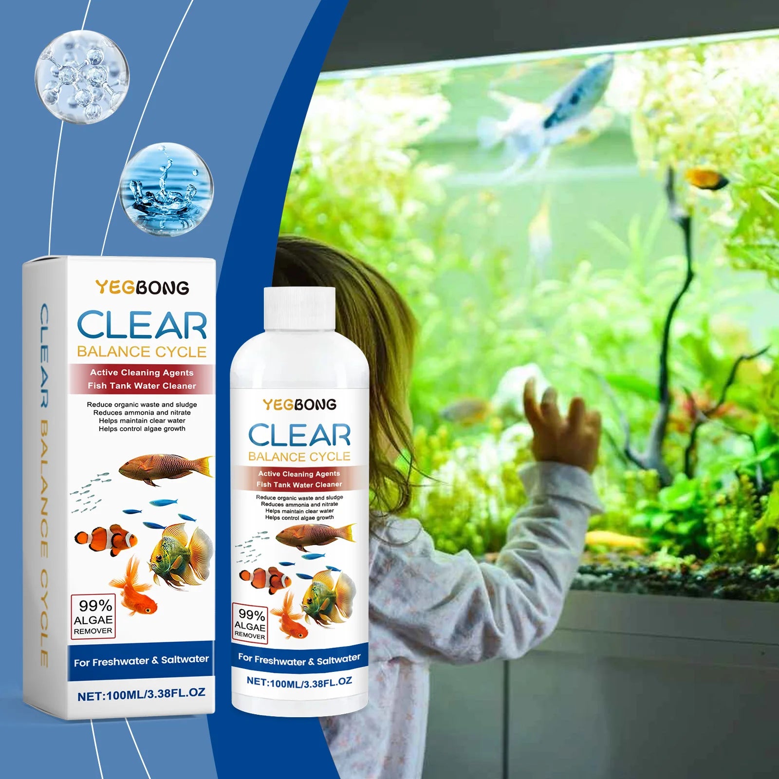 Fish Tank Water Clarifying Agent Quick Clean Stains and Sludge Control Algae Growth Water Purification Fish Tank Water Cleaner Qme