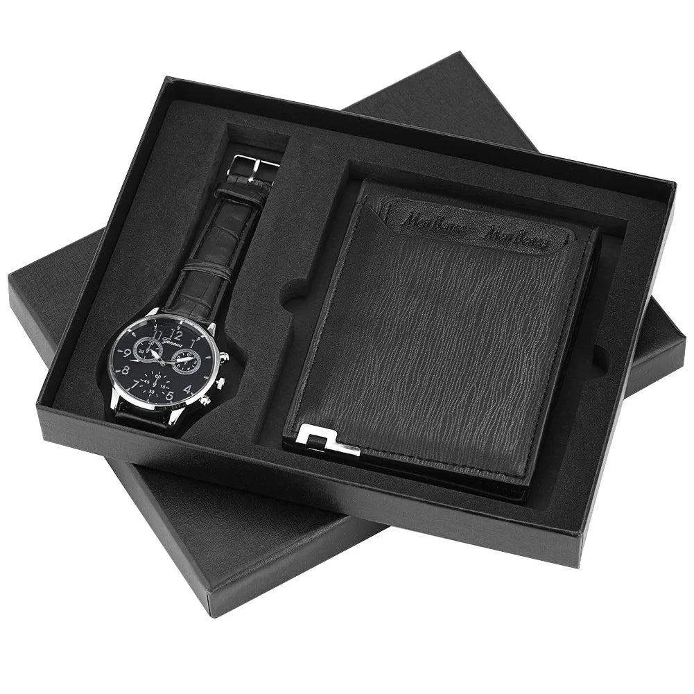 2 Pcs/Set Fashion Men Watch Wallet Gift Box Quartz Wristwatch Leather Strap Male Wallets Purse Birthday Gift for Father Husband Qme Multicolor