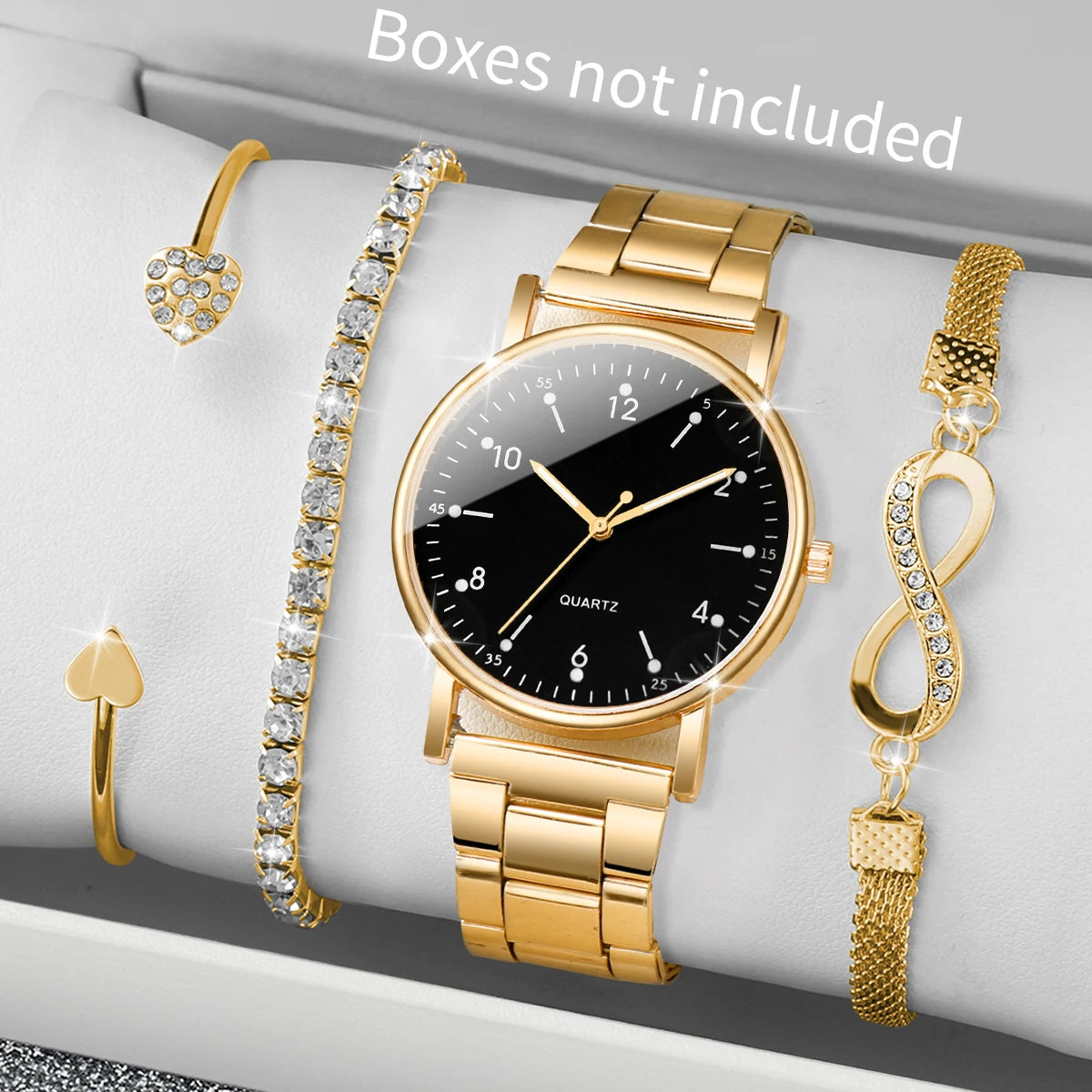 4PCS/Set Golden Simple Digital Disc Steel Belt Women's Watch Unlimited Diamond Set Bracelet Four Piece Set Qme Gold Black No Box