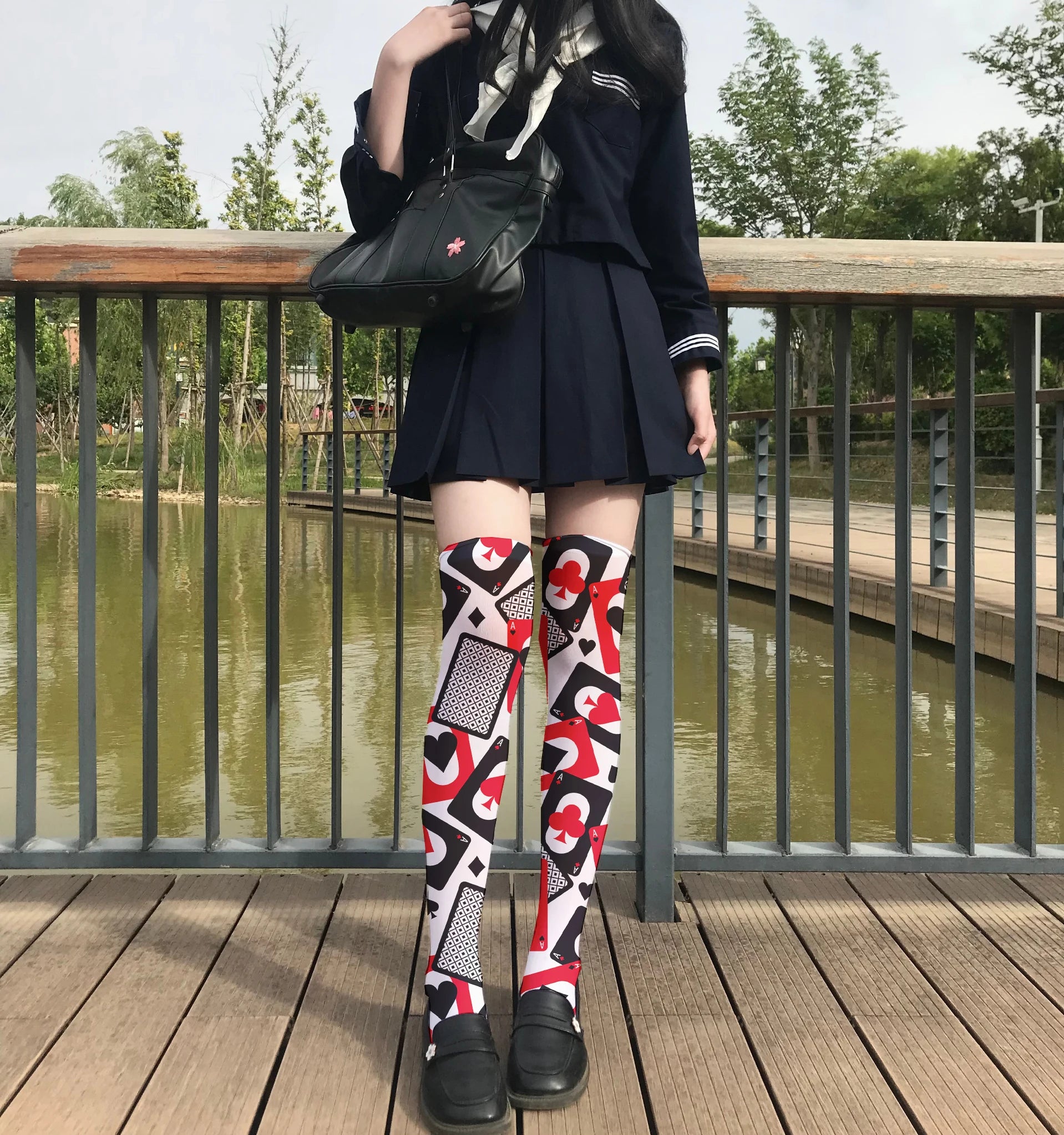 Fashionable Poker Pattern Thigh Stockings Ladies Sexy Love Plaid Qme