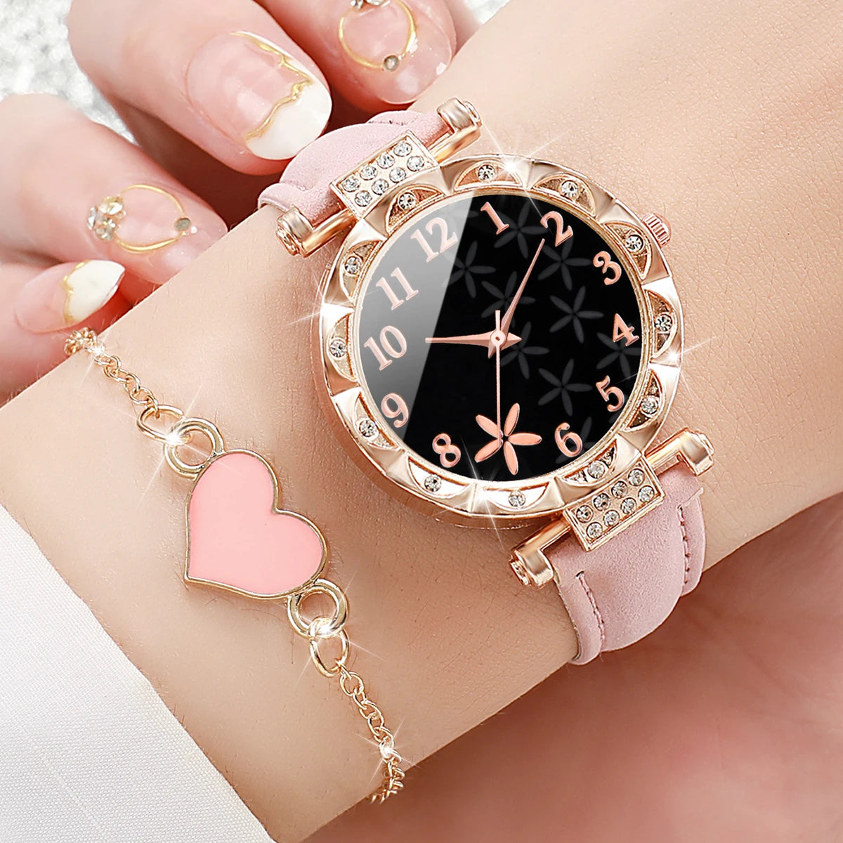 New Women's Casual Watch Light Luxury Diamond Set Starfish Pattern Dial Belt Quartz Watch Qme pink