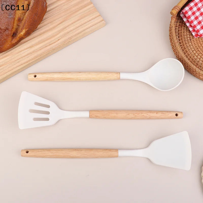 Wooden Handle Silica Gel Spatula Temperature Pot Frying Soup Ladle Qme
