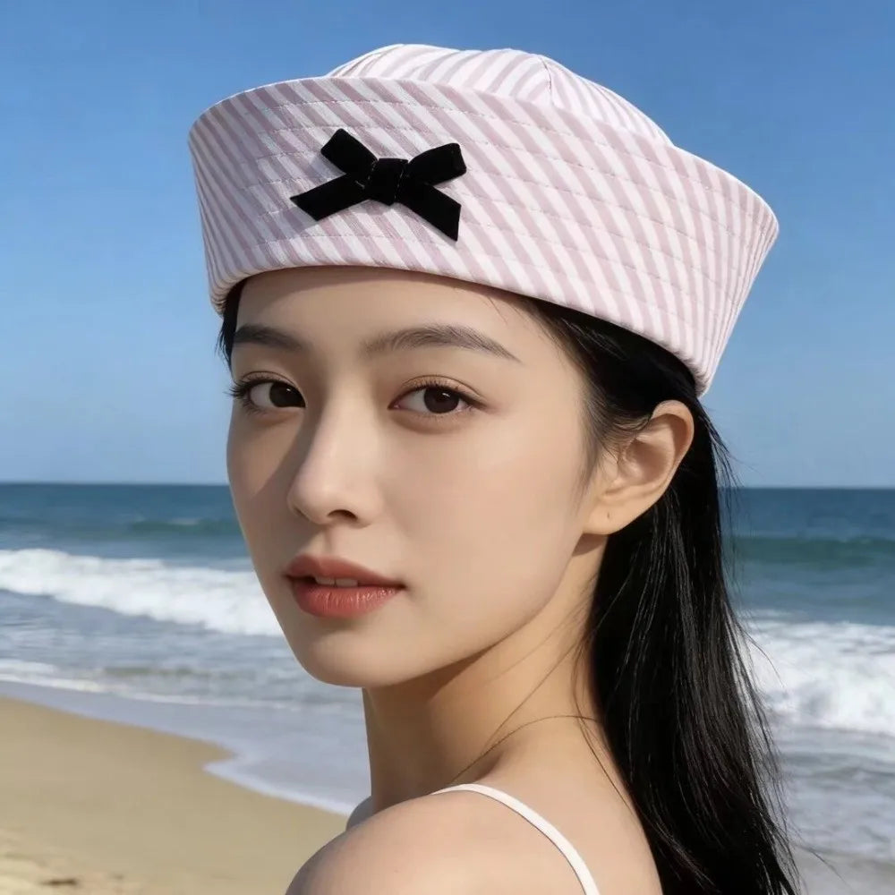 Fashion Y2K Stripe Sailor Hat Bow JK Navy Octagonal Polyester Captain Qme