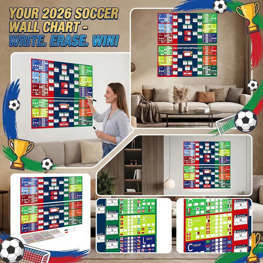 Soccer Event Wall Schedule Poster with Includes 2 Whiteboard Markers and 3 Flag Stickers Activity Background Decoration Props Qme as shown One Size