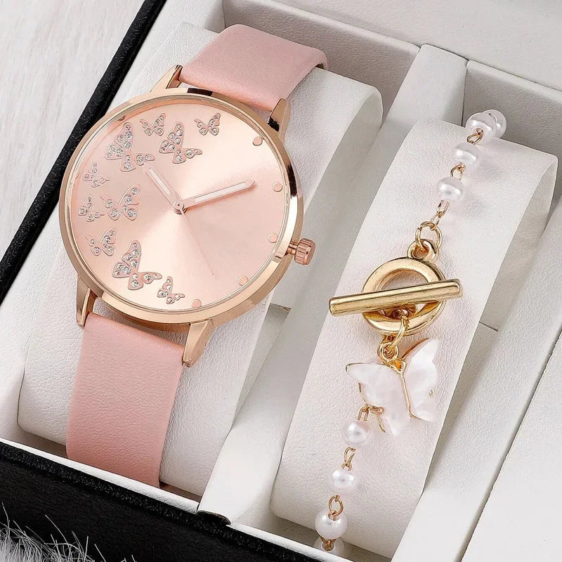 2pcs/set Butterfly Ladies Quartz Watches Fancy Women Watches Jewelry Sophisticated And Stylish Women Watch Qme