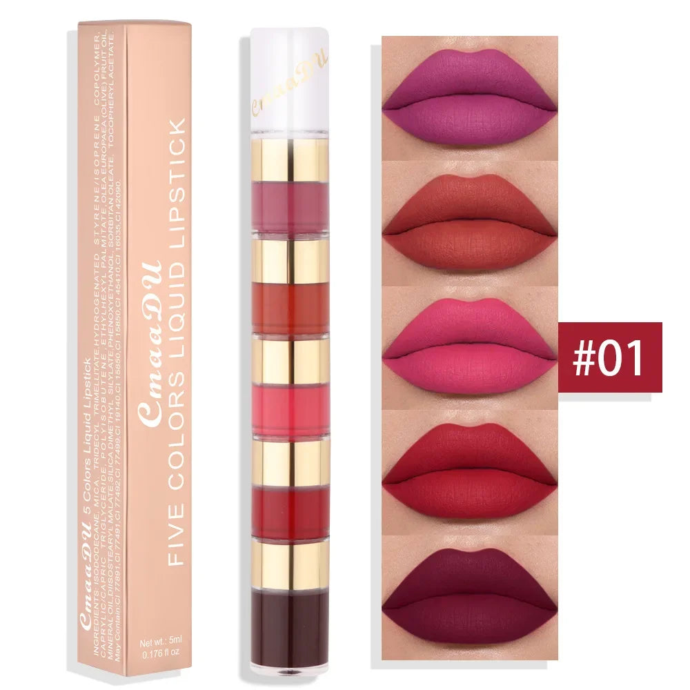 5 In 1 Matte Lipstick Kit Combo Strip Velvet Sexy Red Lip Tint Non-stick Cup Lip Gloss Lip Oil Makeup Lips Cosmetic Set Qme 01