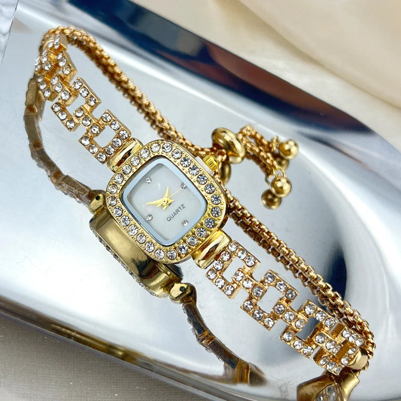 Cross-border new small square bracelet pull women's watch free adjustment square chain diamond set small ladies quartz watch Qme gold white