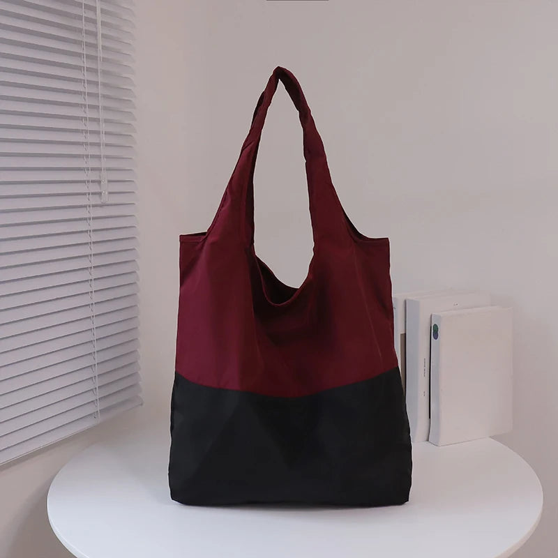 Color-block Patchwork Foldable Shopping Bag Eco-friendly Large Capacity Portable Waterproof Shoulder Bag Qme Deep red one size