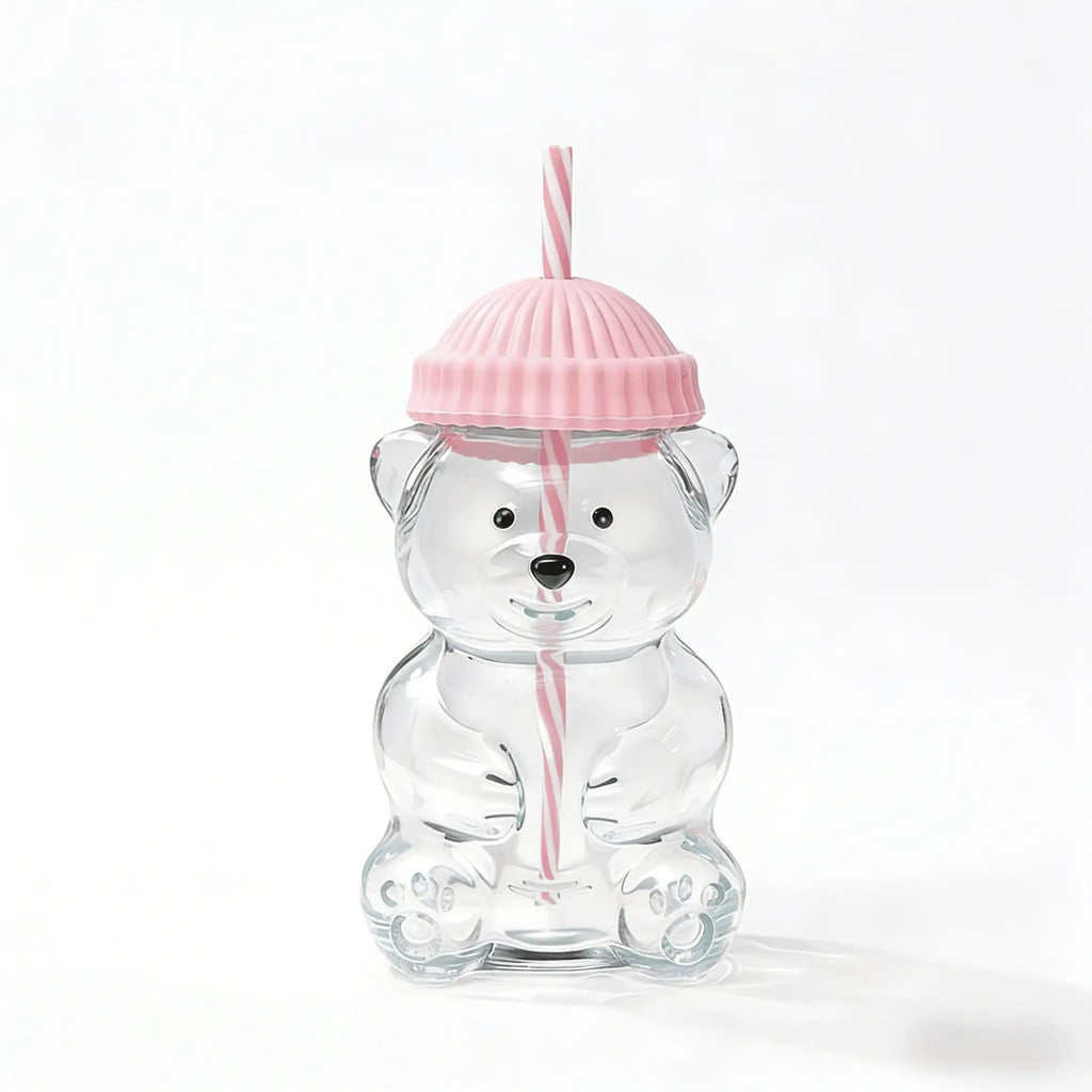 Cute Little Bear Plastic Cup Lid Straw Teddy Cold Drink Suitable Qme
