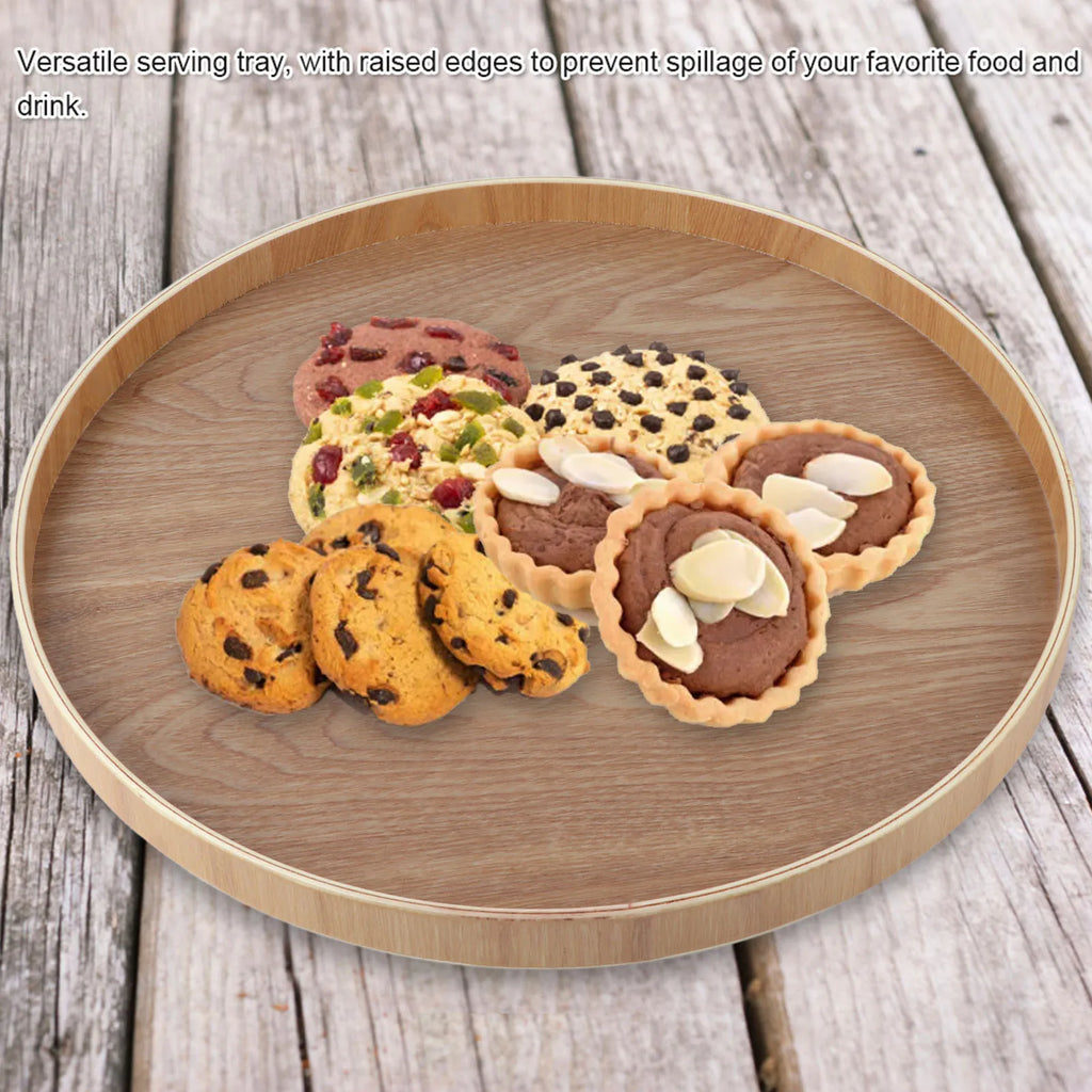 Round Solid Wood Serving Tray 37.5cm Wooden Tea Coffee Snack Food Tray for Restaurant Cafe Home Kitchen Tableware Qme