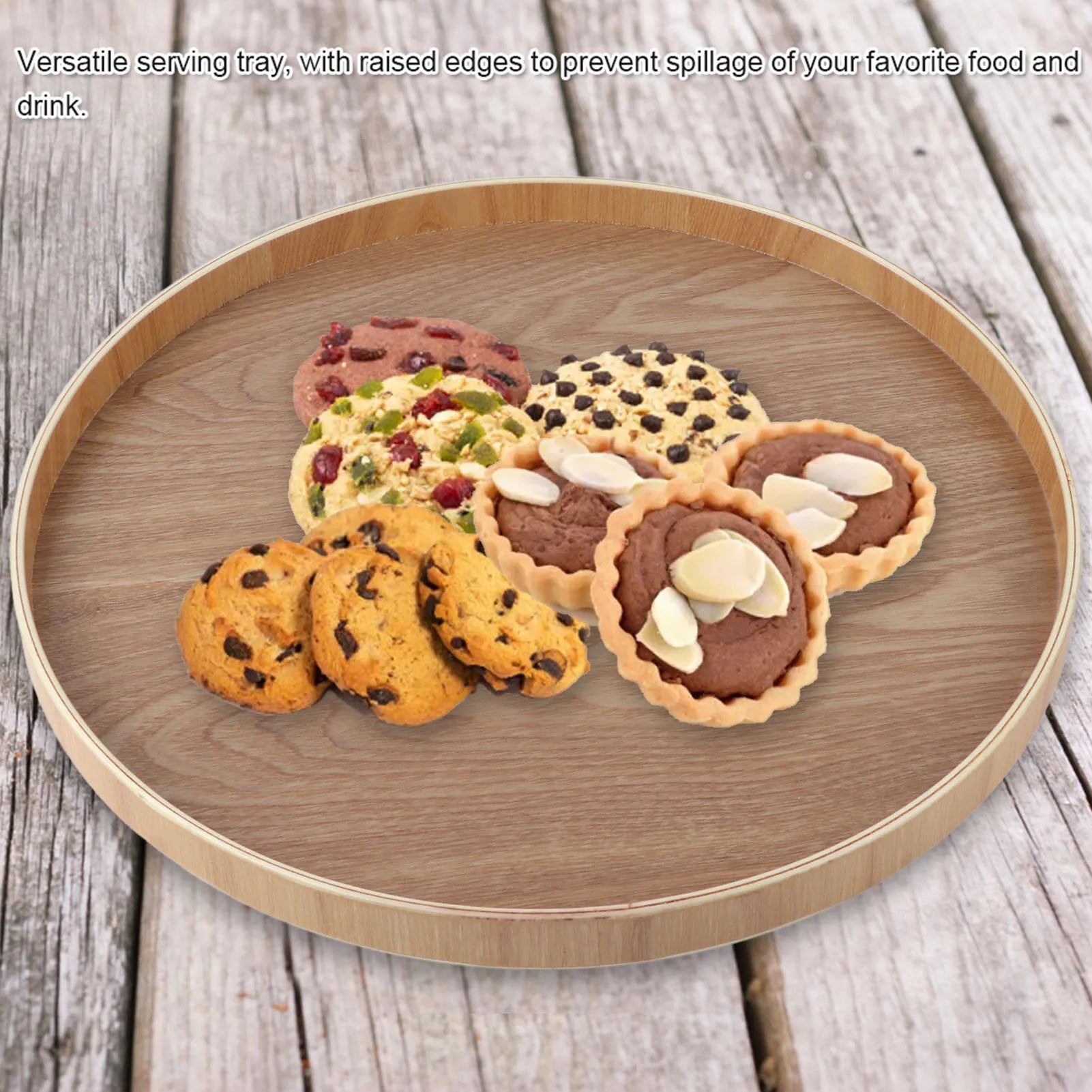 Round Solid Wood Serving Tray 37.5cm Wooden Tea Coffee Snack Food Tray for Restaurant Cafe Home Kitchen Tableware Qme