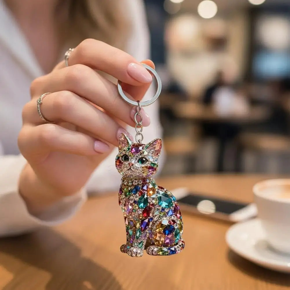 Cute Rhinestone Cat Keychain Mini Acrylic Bling Kitten Hanging Qme